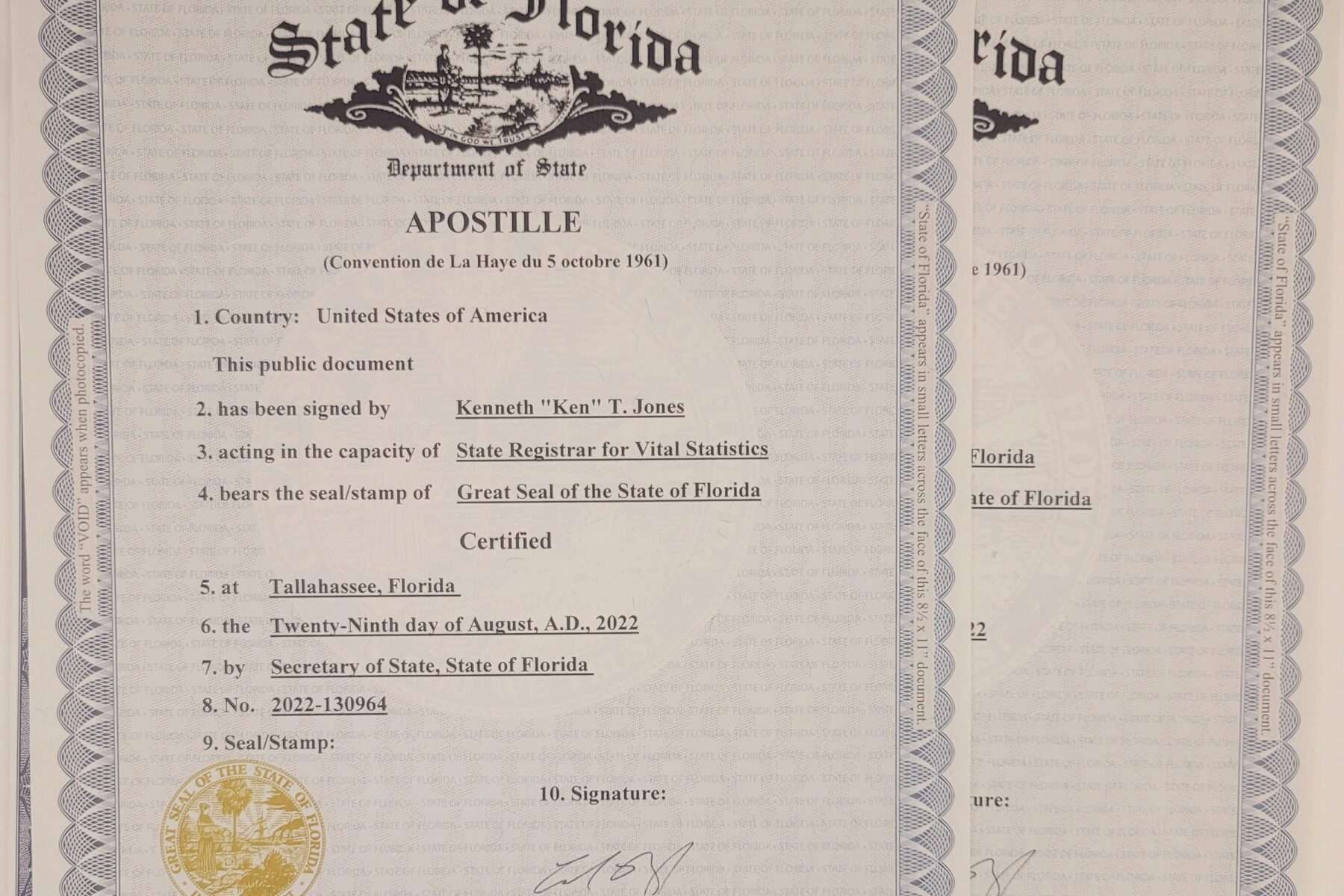 an official State of Florida Apostille document | Miami Beach