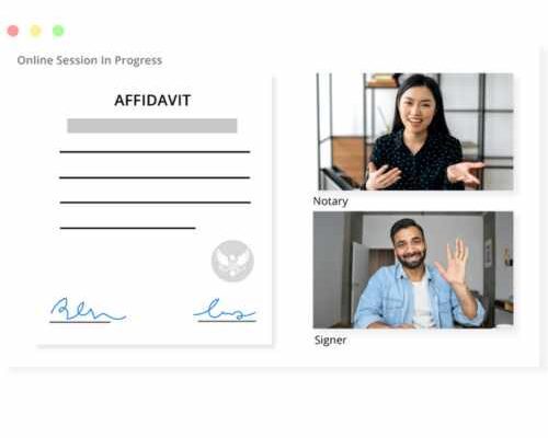 A screenshot of a remote online notary session displays a signed document on the left labeled "AFFIDAVIT." On the right, two video call participants are shown: a notary at the top and a signer at the bottom.