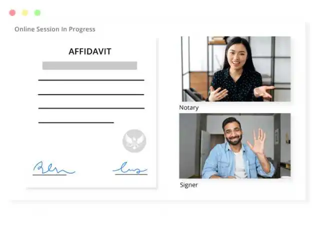 A screenshot of a remote online notary session displays a signed document on the left labeled "AFFIDAVIT." On the right, two video call participants are shown: a notary at the top and a signer at the bottom.