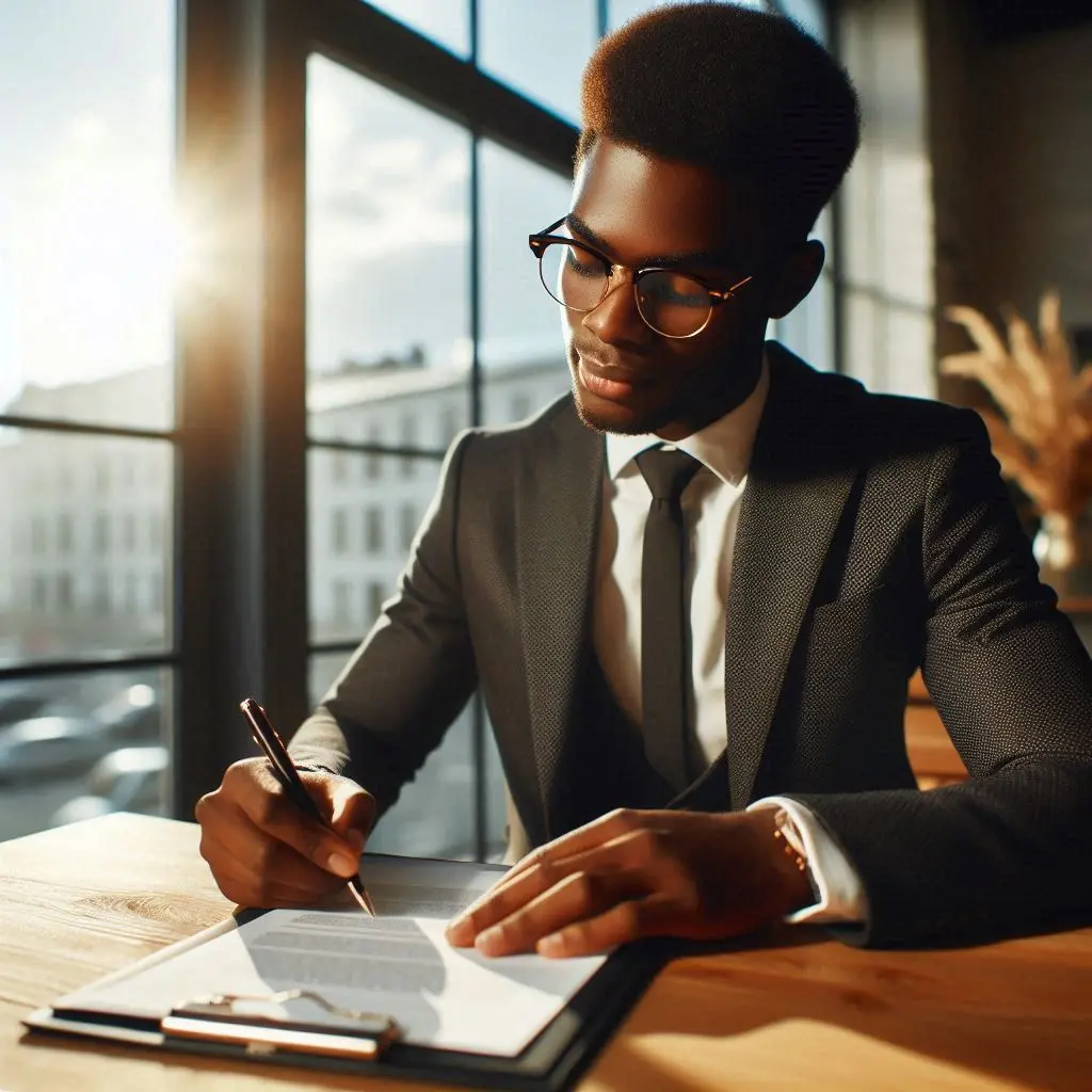 A man in a suit and tie, wearing glasses, sits at a wooden table by a large window with sunlight streaming in. He is intently writing on paper attached to a clipboard, suggesting concentration and professionalism as he prepares power of attorney documents in his modern office environment. Miami Beach Notary Near me services.