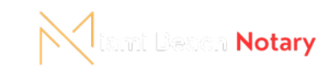 Logo for Miami Beach Notary featuring a stylized "M" in gold lines on the left and the text "Miami Beach Notary" to the right, with "Notary" in red and "Miami Beach" in white. The background is black.