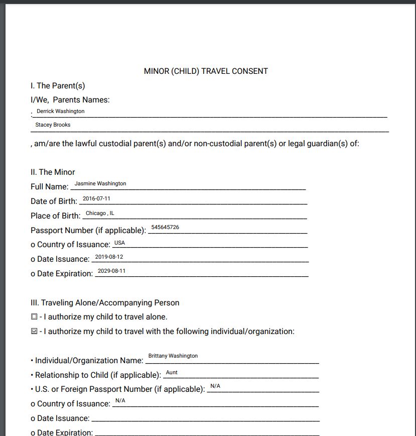 A Minor (Child) Travel Consent form, prepared with details including the child's name, date of birth, place of birth, passport information, and travel details. The document also lists the names of the custodial parents/guardians and the accompanying individual. Professional document preparation is recommended for accuracy.