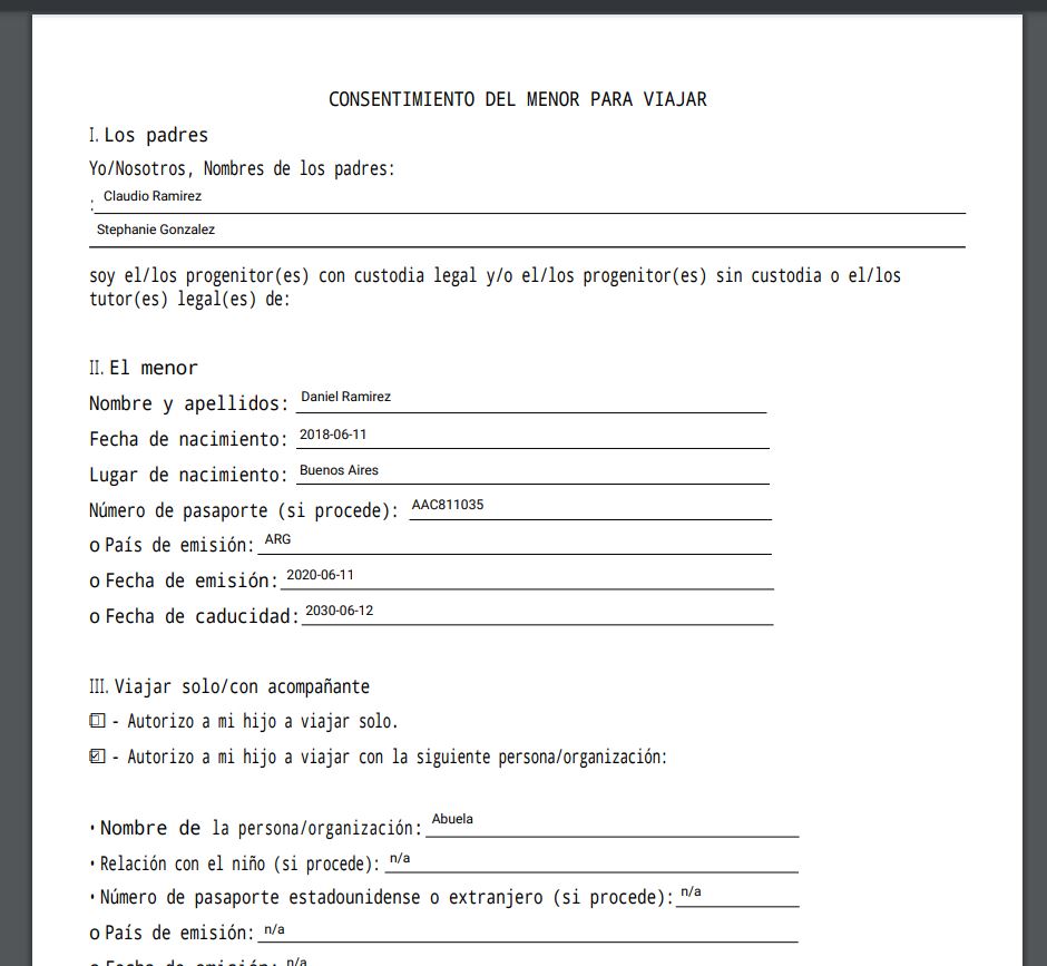 A travel consent form in Spanish for a minor named Daniel Ramírez. It includes personal details like birthdate, passport number, and birth location. Parents are Claudio Ramírez and Stephanie González. This power of attorney document has a section for authorization and the address of the issuer.