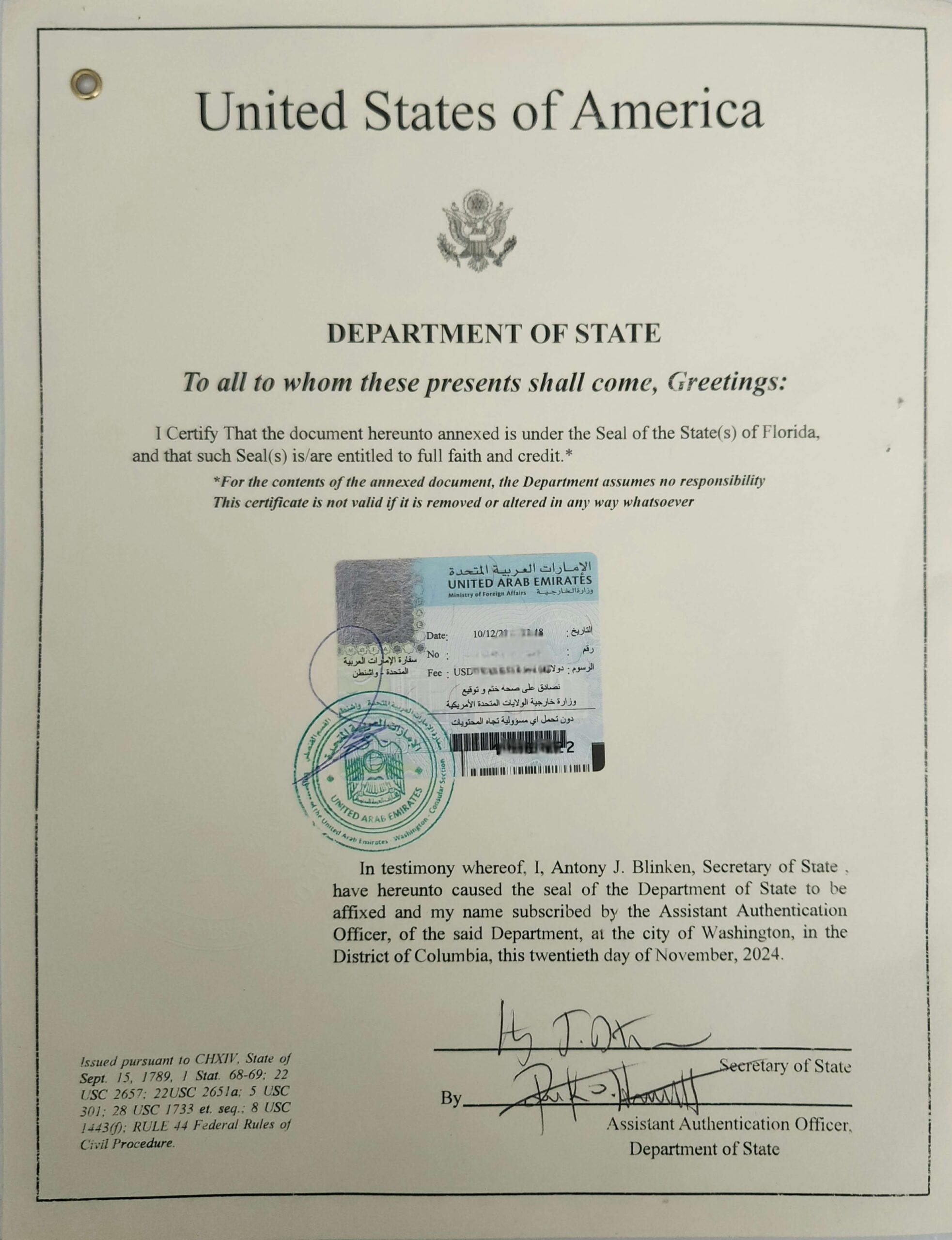 A document from the United States Department of State includes an official certificate stating entitlement to full faith and credit under the seal of Florida. It features a verified page image, signed by Antony J. Blinken, dated November 2024, with considerations for United Arab Emirates Apostille compliance.