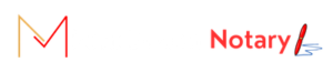 Logo features the words "Notary Miami Beach"—"Miami Beach" in light gray, "Notary" in bold red. The “M” is stylized with yellow and red lines, while a red pen drawing a blue signature forms the “y.” White background.