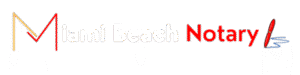 Logo features the words "Notary Miami Beach"—"Miami Beach" in light gray, "Notary" in bold red. The “M” is stylized with yellow and red lines, while a red pen drawing a blue signature forms the “y.” White background.
