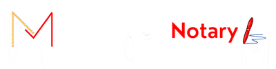Logo features the words "Notary Miami Beach"—"Miami Beach" in light gray, "Notary" in bold red. The “M” is stylized with yellow and red lines, while a red pen drawing a blue signature forms the “y.” White background.