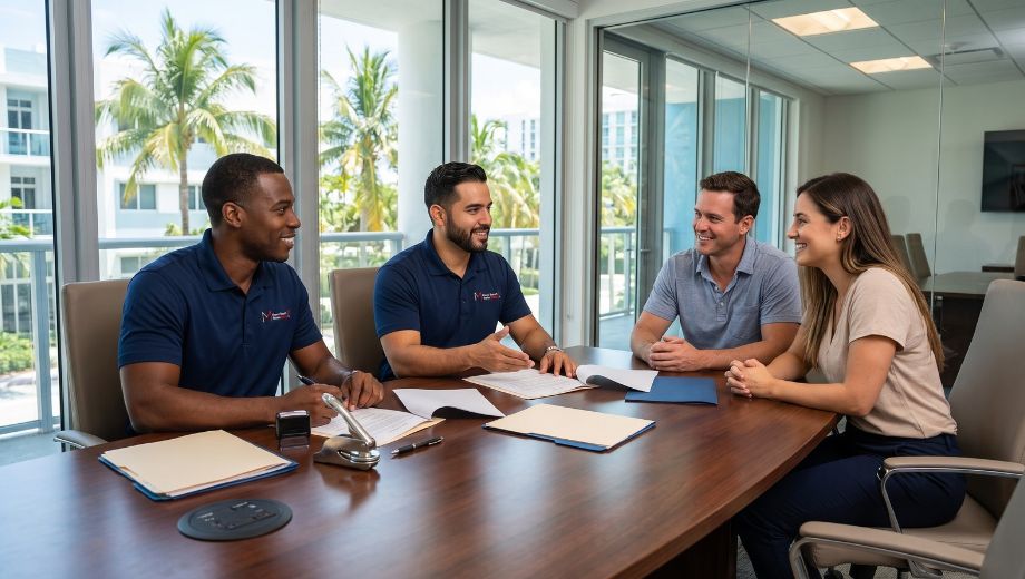 Notary team members meeting with a customer at a table